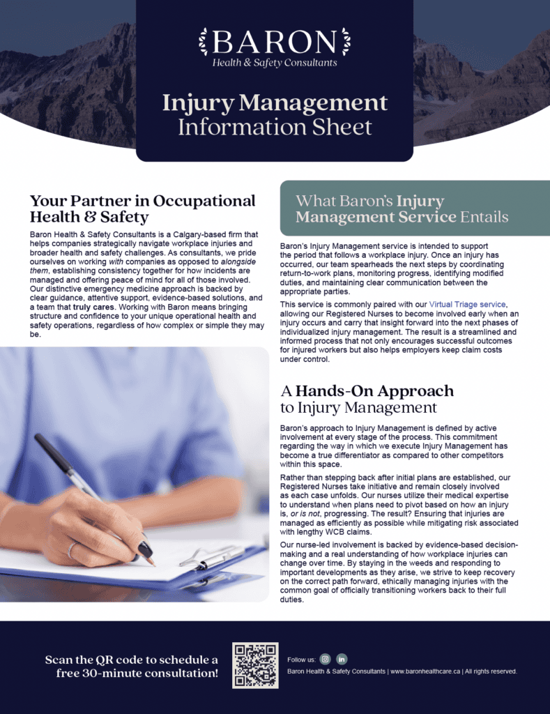 Injury Management Information Sheet for Occupational Health & Safety.