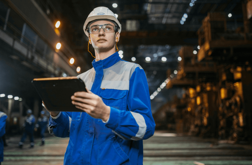 Safety inspector in industrial warehouse with clipboard and helmet.